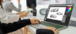 © Summit Art Creations - Electric car design software on computer screen showing simulation blueprint snugly by digital calculating application for manufacturing preparation