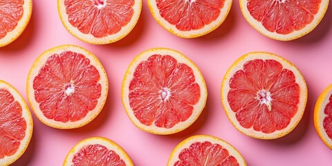 Poster - Fresh grapefruit slices on a colorful background. Top view. Copy space. A creative summer idea. Halved citrus in a minimal flat lay with copy space.