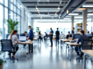 A blurred image of a modern office space with people working at work