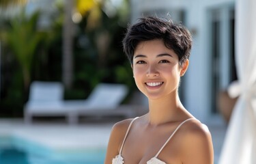 Poolside in a white bikini, a young Asian woman’s radiant smile and carefree demeanor capture the essence of summer relaxation and luxury, enhanced by the vibrant pool setting.