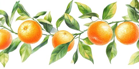 Poster - Beautiful, juicy tangerine with green leaves set against a white background.