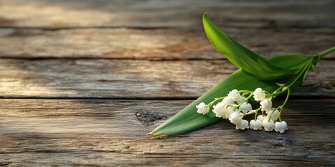 Aufkleber - One lily of the valley flower on the weathered brown wooden floor.