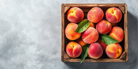 Sticker - Fresh sweet peaches in a wooden crate on a light table, top view. Room for text.