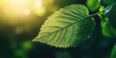 Leinwandbilder - Close-up macro view of a green leaf in the garden under sunlight, featuring copy space for use as a natural concept or wallpaper.