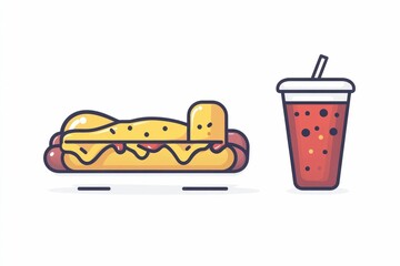 Minimalist icon design showcasing a simple  yet iconic fastfood combo of a hotdog  mustard  and a refreshing soda  all grouped together and isolated on a clean white background  creating a modern