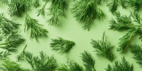 Poster - Fresh dill branches scattered on a green background. Essential herbs for a healthy diet.