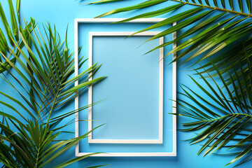 Photo frame mockup with green palm leaves on a pastel blue background, presented in a flat lay top view composition.


