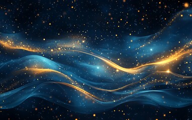 Leinwandbilder - A mesmerizing abstract representation of blue waves interspersed with golden shimmering particles against a dark background.