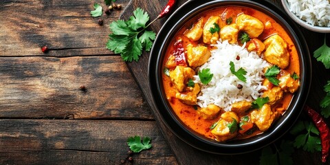 Aufkleber - Tasty chicken curry with rice on a wooden table, viewed from above. Copyspace available.
