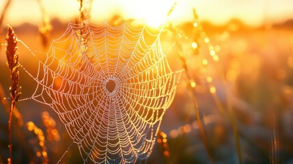 close-up of a spider web in a meadow during sunrise