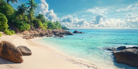 Poster - Seascape. Shoreline featuring white sand, blue waters, rocks, and tropical vegetation. Concept of travel and tourism.