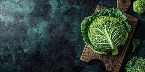 Poster - Fresh, healthy savoy cabbage cut on a cutting board. Black background. Top view.