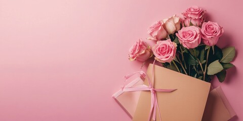 Poster - Gift bag featuring a bouquet of pink roses and a gift box on a pastel pink background, with space for text. Flat lay, top view, suitable for birthdays, Mother's Day, or St. Valentine's.