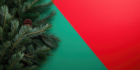 Fototapete - Christmas tree branch against a red and green background. Top view, flat lay. Copy space for text. Xmas arrangement.
