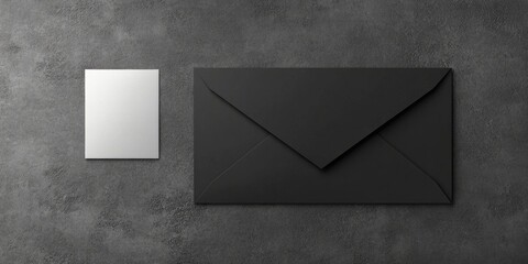 Black envelope and white paper on a gray background. Halloween backdrop, decoration.