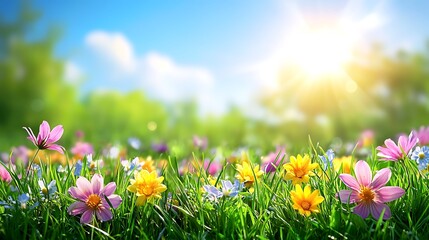 Poster - A vibrant meadow filled with colorful flowers, basking in sunlight under a clear blue sky.