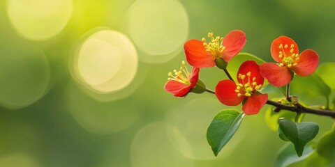 Fototapete - Ochna serrulata flower, also known as carnival bush flower, set against a blurred green background.