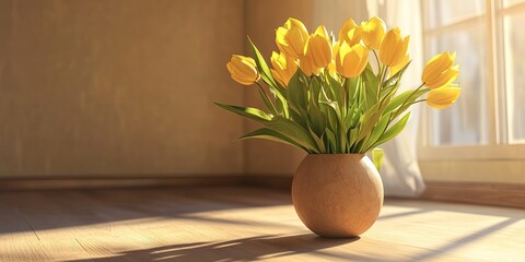Poster - A vase with a bouquet of yellow tulips sits on the floor.