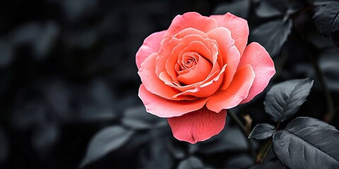 Aufkleber - Close-up of a pink coral rose in a garden against a dark background, color-adjusted image.