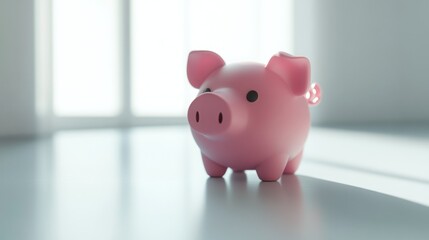 A pink piggy bank stands on a white floor with a window in the background.