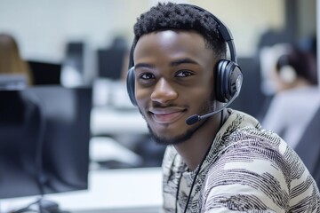 customer service representative, young man with headphones, working in modern office, call center co