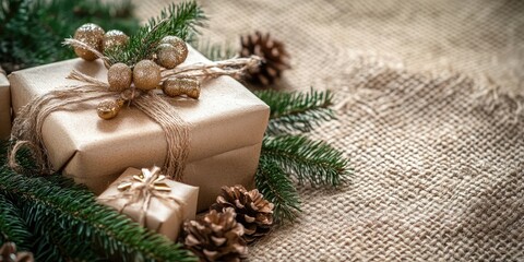 Leinwandbilder - Composition for Christmas with copy space. Gifts and decorations on a hemp cloth background. New Year concept and Christmas.