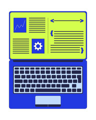 open laptop screen with programming software 2d cartoon object. gear chart brackets. notebook displa