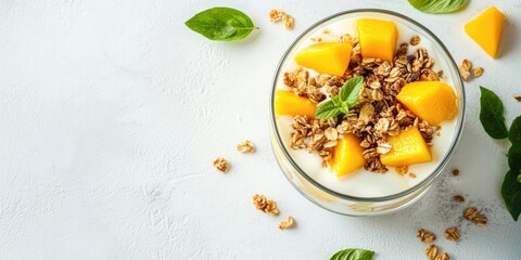 Aufkleber - Healthy parfait dessert featuring yogurt, granola, and mango in a glass jar. Top view with copy space on a white stone table.