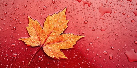 Aufkleber - autumn maple leaf on a glass surface with raindrops on a red background. banner
