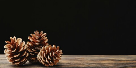 Aufkleber - Fir cones on a wooden table against a black background, idea for Christmas and New Year, blank space for designers, close-up, copy space.