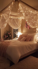 Sticker - Romantic Bedroom with Canopy Bed and Soft Mood Lighting  