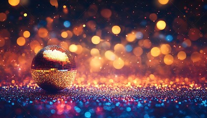 Poster - A sparkling disco ball reflecting colorful lights amidst a backdrop of shimmering bokeh, creating a vibrant and festive atmosphere.