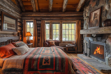 Poster - Cozy Rustic Bedroom with Wooden Furniture and Warm Fireplace  