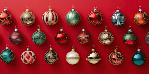 Leinwandbilder - Christmas arrangement of tree ornaments on a red background.