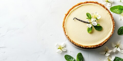 Aufkleber - Homemade vanilla cheesecake featuring a vanilla flower on a white background - a healthy organic summer dessert pie. New York cheesecake. Top view, copyspace for text. Menu, recipe, confectionery.