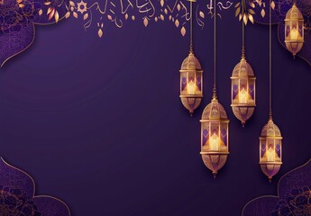 Golden Lanterns on Purple Background Islamic Festive Decoration