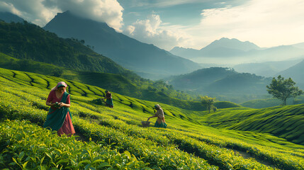 Sticker - Middle-aged Women Harvest Green Tea Leafs in a Very Large and Sprawling Green Tea Field in india, There are high mountains behind the green tea field