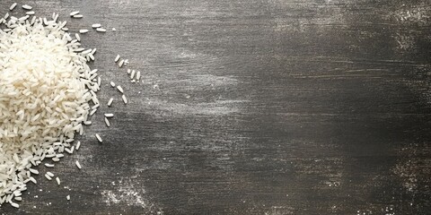 Aufkleber - Rice on a gray wooden table. Room for text.