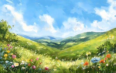 Aufkleber - A vibrant landscape painting featuring rolling green hills, colorful wildflowers, and a bright blue sky with fluffy clouds.