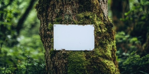 Empty white sign on a moss-covered tree