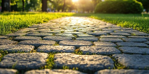 Poster - Cobblestone walkway in the park with some green grass nearby. Empty copy space for Editor's text. Sunlight.