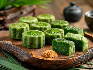 Green Tea Mooncakes on Wooden Tray