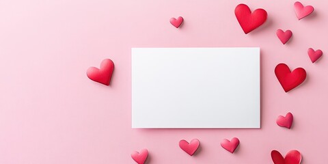 Aufkleber - Mock-up of a white blank card on a light pink background featuring hearts, humorous desktop for Valentine's Day.