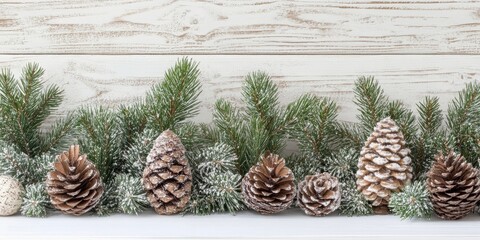 Aufkleber - Christmas decoration backdrop: pine and cypress cones with branches on a white wooden table.