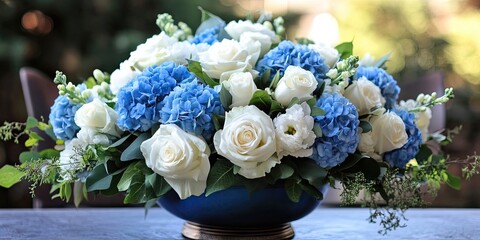 Aufkleber - Blue hydrangea and white rose arrangement.