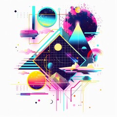 Abstract Geometric Art with Bright Colors and Retro Futuristic Design