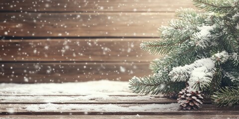 Aufkleber - Christmas grunge wooden backdrop featuring a snow-covered fir tree. Perspective with copy space.