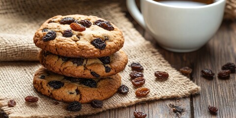 Poster - Coffee cookies with raisins on a wooden table.