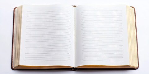 Fototapete - blank open notebook featuring lined pages set against a white background
