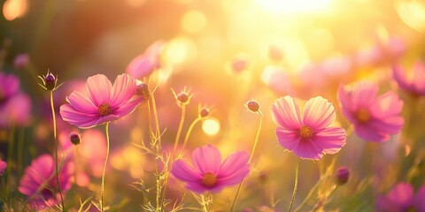 Aufkleber - Selective focus image of lovely flowers against a blurred backdrop. Close-up, backlit. Suitable for wallpaper, postcard, poster design, banner, copy space.